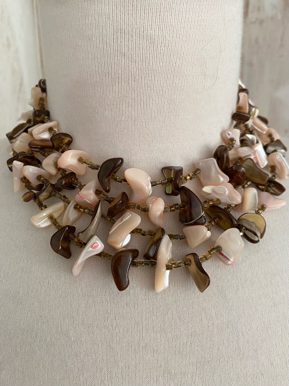 Mother of Pearl 4 Strand Shell & Bead Collar Necklace Japan